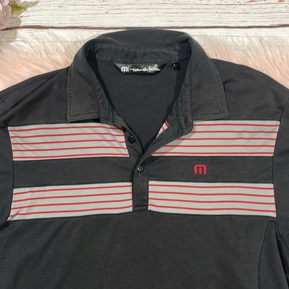 Travis Matthews Red Gray Striped Black Polo Active Shirt - Picture 4 of 10
